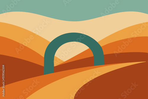 Golden desert sunset with mountains and a lone tree silhouette, a serene vector illustration of nature's dry beauty