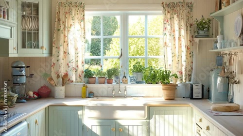 Cottage-style kitchen with beadboard cabinets, pastel colors, floral curtains, and sunlight streaming through garden window