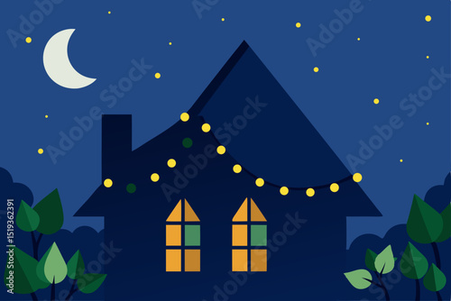 Vector illustration of a house at night with a moon and stars in the dark sky