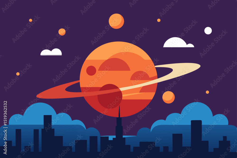 Rocket launch from a city skyline at night, with a UFO and moon visible in the star-filled sky illustration Rocket launch from a city skyline at night, with a UFO and moon visible in the star-filled sky illustration