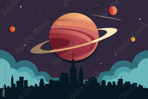 Vector silhouette illustration of a UFO in the dark night sky over a city skyline with stars and moon