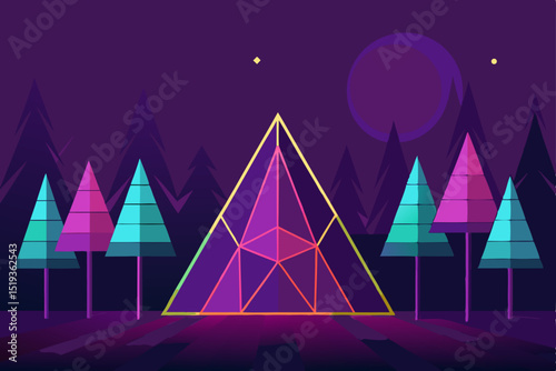 Vector illustration of a night winter forest landscape with snow-covered trees and distant mountains under a starry sky, perfect for a Christmas holiday card design