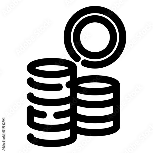 Three stacks of coins with a coin in the middle. The coins are stacked in a pyramid shape