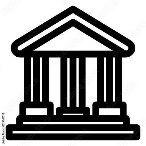 Building with three pillars and a triangular roof. The building is black and white. It is a bank