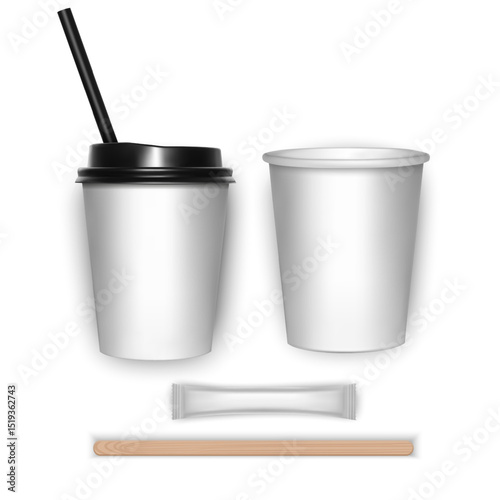 Coffee cups, lids, straws and sugar packets on a transparent background