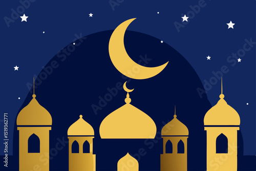 Here's your sentence:

Mosque at night with glowing architecture and a serene moonlit sky, a perfect vector illustration of religious travel and urban design