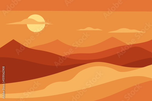 Vibrant orange sunset sky silhouettes distant mountains and a lone tree across the vast desert landscape, mirroring the tranquil evening horizon over the summer sea beach