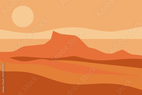 Vector illustration of a desert landscape at sunset with mountains and an orange sky