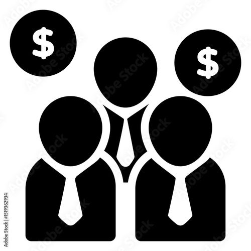 Three men wearing ties and standing next to each other with a pile of money in the background