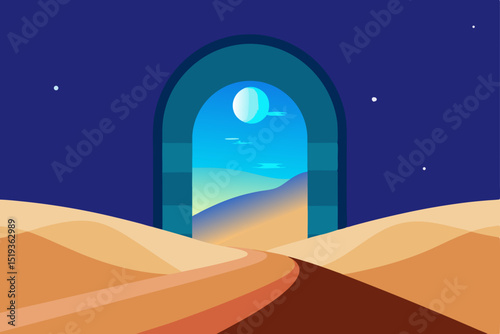 Option 1: A vibrant sunset paints the desert landscape, a winding road stretching towards a starlit horizon
