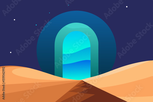 Desert landscape illustration at sunset with sun, mountains, and sand