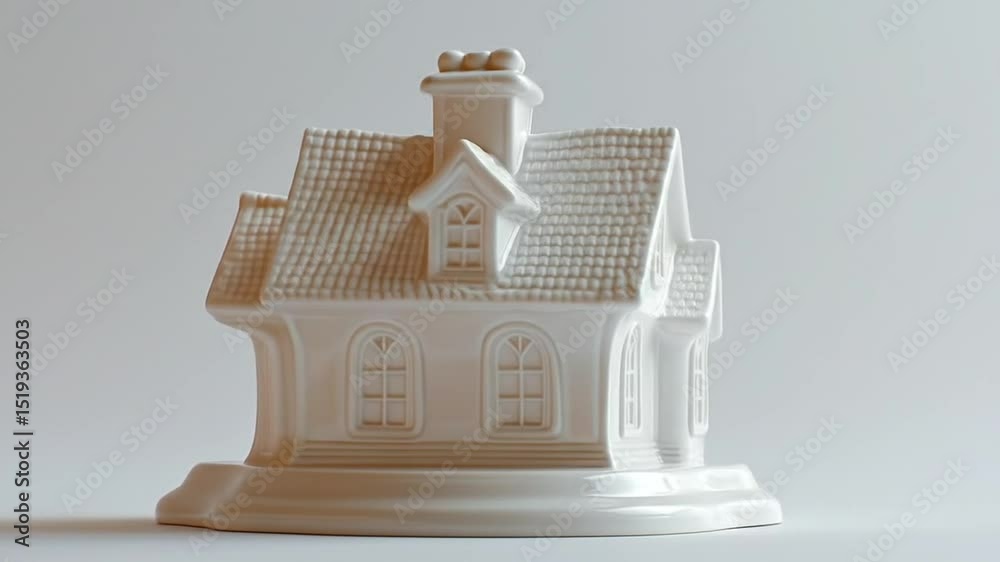 Small, white ceramic house figurine, detailed architectural design, simple gable roof, decorative windows and chimney