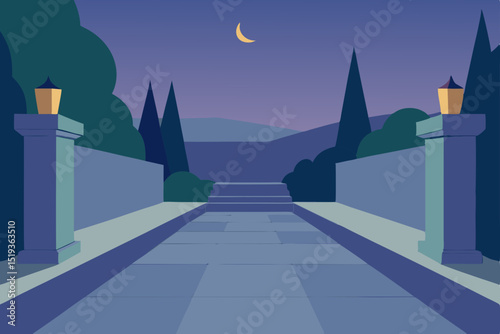 Night European cityscape with an old church and towering buildings under a moonlit sky perfect for travel and tourism