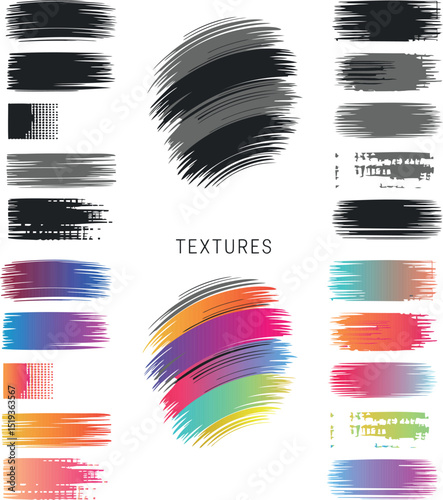Abstract colorful and black grunge brush stroke textures set with paint smear effects for artistic design, backgrounds, and decoration