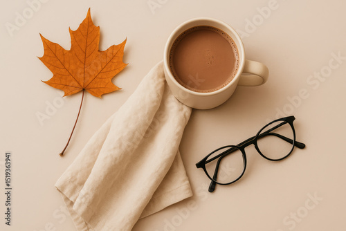 Minimal autumn flat lay with hot cocoa, glasses, napkin and leaf

