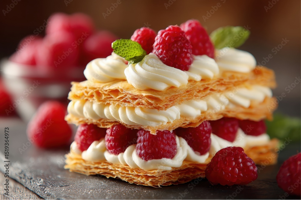 custom made wallpaper toronto digitalRaspberry Mille-Feuille pastry with whipped cream and mint garnish on slate, dessert
