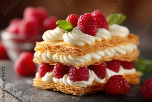 Wallpaper Mural Raspberry Mille-Feuille pastry with whipped cream and mint garnish on slate, dessert Torontodigital.ca