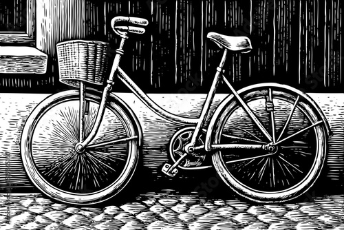 A black and white sketch vector of a retro bicycle with basket, hand-drawn in vintage sketch style, minimal and elegant