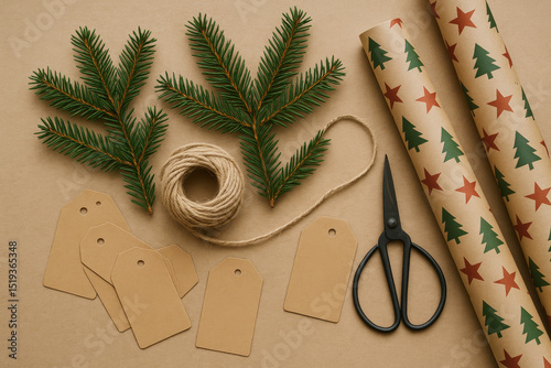 Christmas gift wrapping supplies with tags, twine and festive paper

