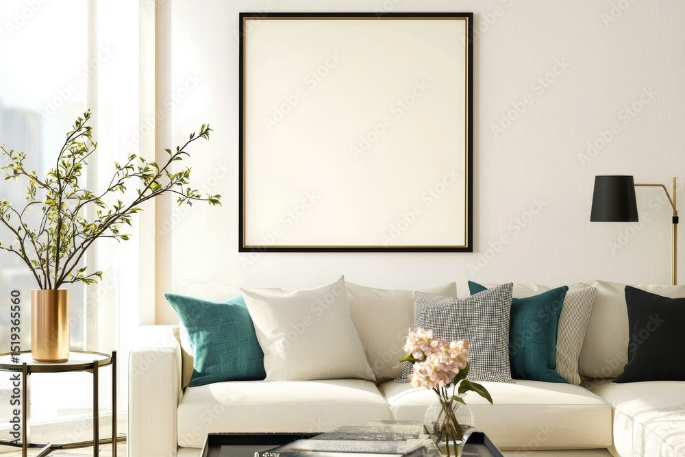 Naklejka premium Square blank picture frame mockup showcased in a modern living room.