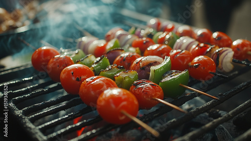 barbecue on skewers with slices tomatoes, beef cubes, and onions and green peppers on the grill