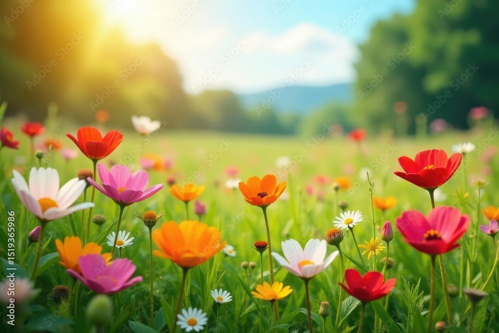 Fototapeta premium Vibrant wildflowers, meadow in full bloom, sunlit, colorful, outdoor, countryside
