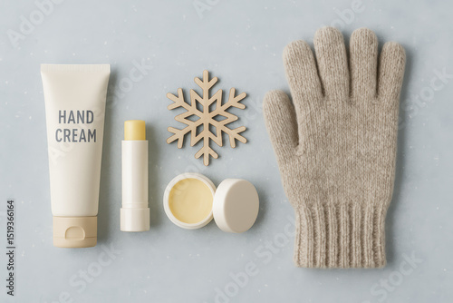 Winter skincare flat lay with hand cream, lip balm and glove

