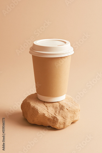 Takeaway Coffee Cup Mockup on Rugged Rock with Beige Background – Minimalist Product Scene for Branding Design
