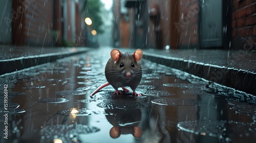 Mouse on Wet Cobblestone Street in Rain
