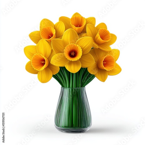 Daffodil bouquet in glass vase isolated on white background