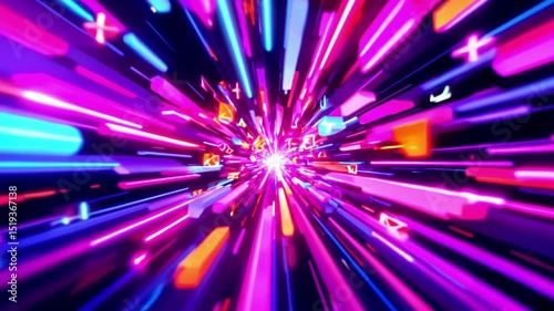 colorful 3d shapes explosion with neon pink blue orange glowing light