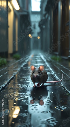 Mouse in Rainy Alley at Night