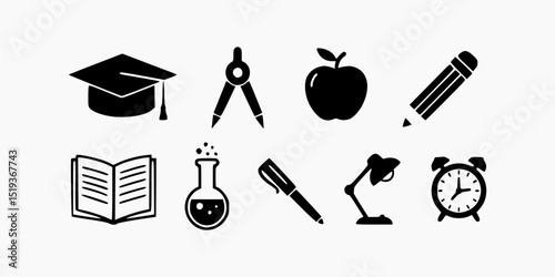 A comprehensive set of education icons featuring a graduation cap, apple, pencil, book, compass, pen, desk lamp, alarm clock and beaker perfect for school branding and educational designs