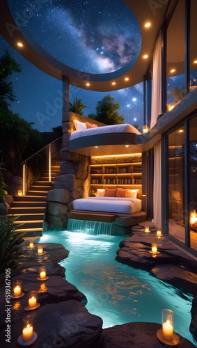 Luxurious Outdoor Bedroom with Pool and Starry Sky