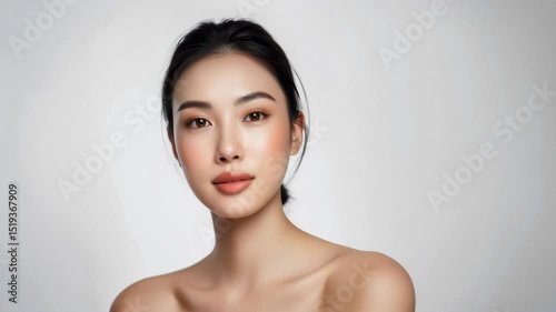 Young woman with tied hair and smooth skin facing forward with a calm expression and blush