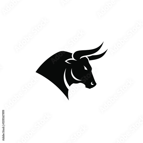 Powerful Black Bull Head Silhouette with Sharp Horns on White Background