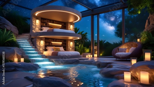 Luxurious Bedroom with Waterfall and Starry Sky