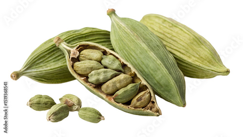 Green cardamom pods and seeds isolated on transparent background isolated on white background