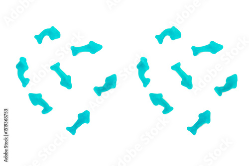 Jelly fish candies. Gummy shark, blue dolphin jelly coated with sugar on a transparent background.