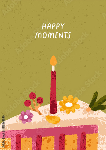Happy Birthday, greeting card design with cake and candle. Festive postcard f...