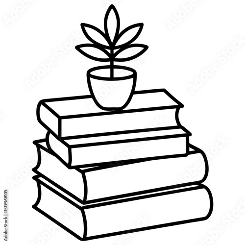 Books stacked with plant line art vector illustration 