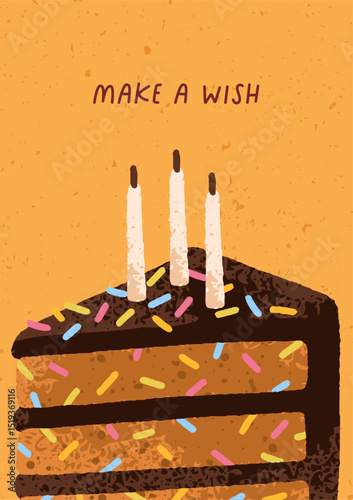 Birthday cake with festive candles, greeting card design. Holiday postcard, banner background, poster with yummy confectionery, sweet chocolate pastry for celebration. Flat vector illustration