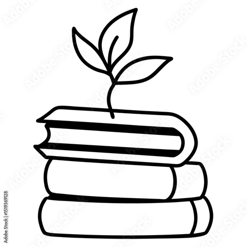 Books stacked with plant line art vector illustration 