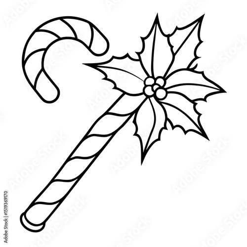 Candy cane and mistletoe line art vector illustration 