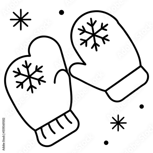 Cozy mittens and snowflakes line art vector illustration 