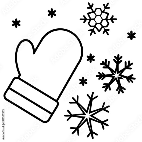 Cozy mittens and snowflakes line art vector illustration 