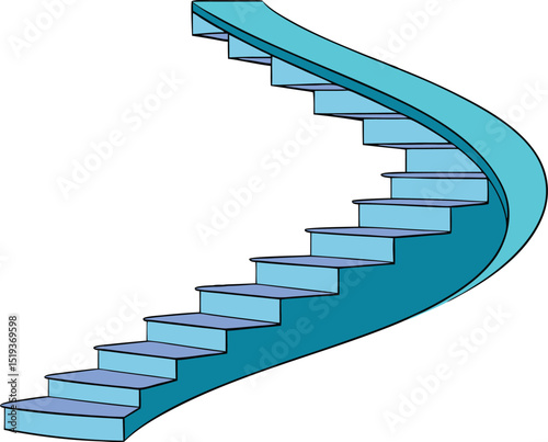 Curved spiral staircase illustration in blue tones, symbolizing progress, upward growth, architectural design, creative space planning, and modern interior structural elegance.