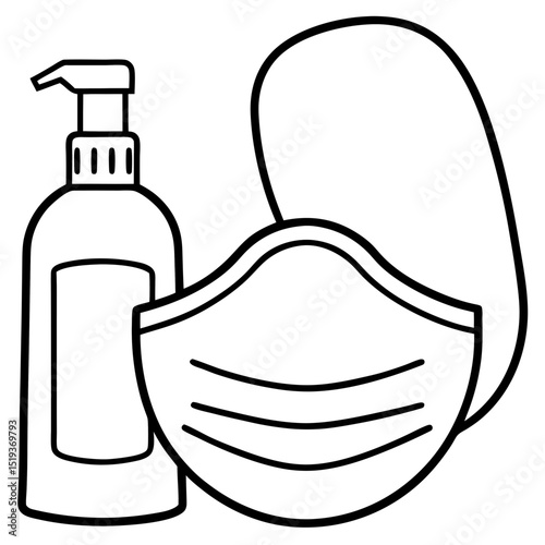 Face mask and sanitizer line art vector illustration 