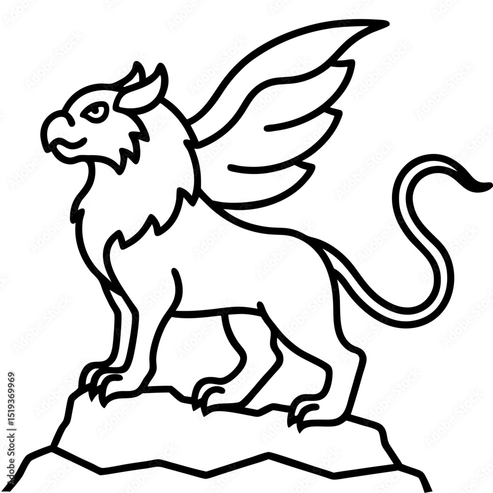 Obraz premium Griffin perched on rock line art vector illustration 