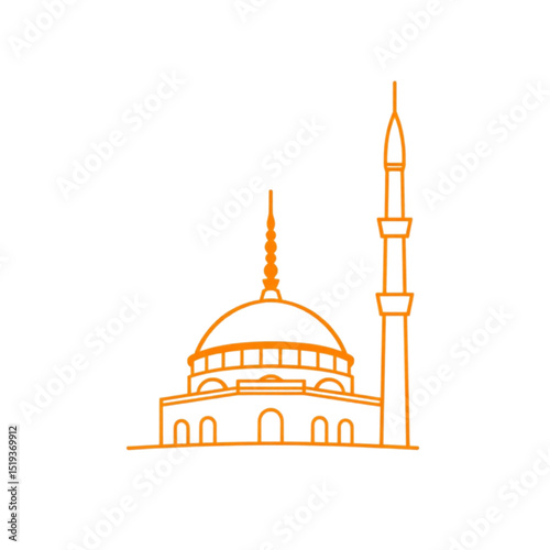 Orange outline drawing of a mosque with minaret